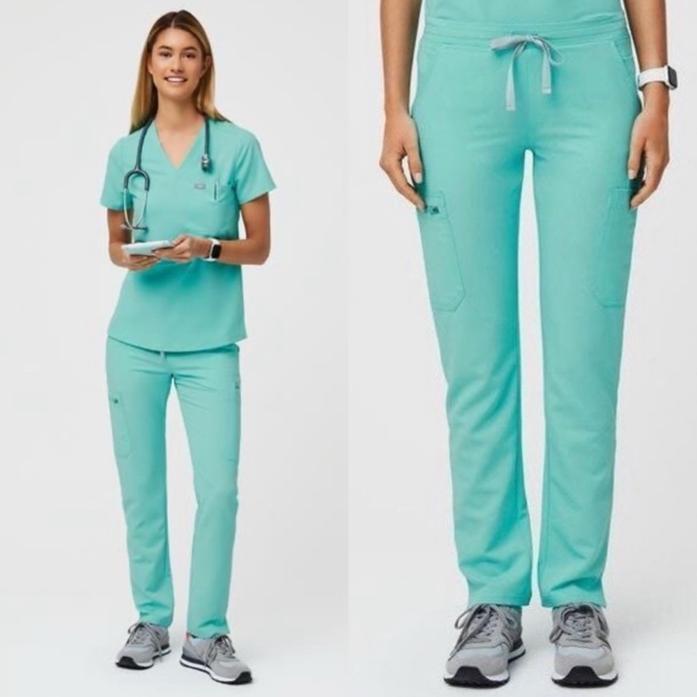 Figs Yola Skinny Scrub Pants 2.0 Aqua Teal Blue Cargo Size M